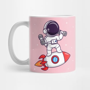Cute Astronaut Lifting Dumbbell On Rocket Cartoon Mug